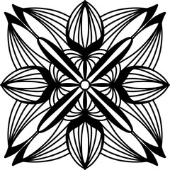Fototapeta premium A symmetrical mandala design featuring bold petal outlines and layered leaf motifs in a black and white geometric arrangement. Perfect for adult coloring pages, fabric prints, wallpapers