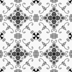 Vintage Bloom Whirl – Elegant Hand-Drawn Seamless Floral Geometric Pattern _ Seamless black and white floral pattern combining elegant curves, symmetrical petals, and vintage-inspired hand-drawn