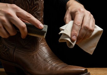 Close up of hands applying care to a brown leather cowboy boot with brush and cloth, highlighting the detail and craftsmanship