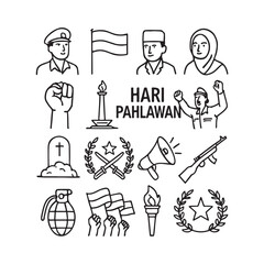 Set of Indonesian Heroes' Day Line Icons