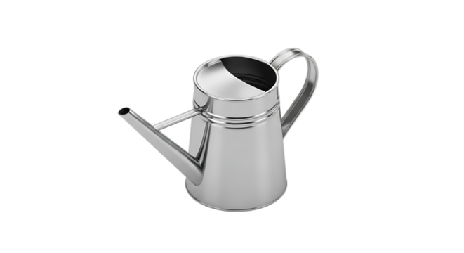 Elegant metal watering can isolated on transparent background, a shiny silver tool for gardening, perfect for watering plants and flowers in your garden or indoor space