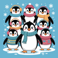 Happy cartoon penguins with Santa hats have fun on the ice in the winter snow