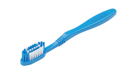 Blue plastic toothbrush with white bristles for dental care isolated on transparent background, essential for maintaining oral hygiene and a healthy smile