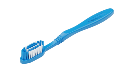 Blue plastic toothbrush with white bristles for dental care isolated on transparent background, essential for maintaining oral hygiene and a healthy smile