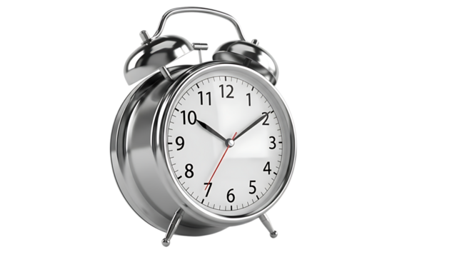 Classic metal alarm clock with a vintage design isolated on transparent background, showing the time with its hands and numbers on the clock face