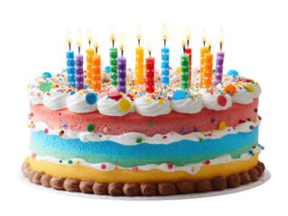 Colorful layered cake with many candles