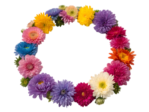 Wreath of colorful flowers on white background