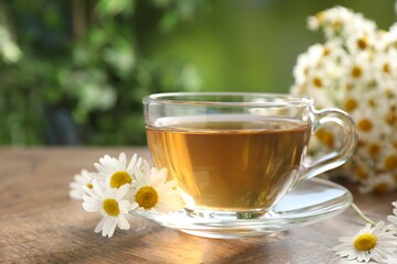 Aromatic tea in glass cup and chamomile flowers on wooden table, closeup