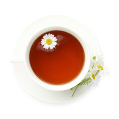 Aromatic tea in cup and chamomile flowers isolated on white, top view