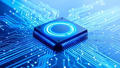 Futuristic Quantum Processor Illuminated With Blue Neon Light Embedded In Circuit Board