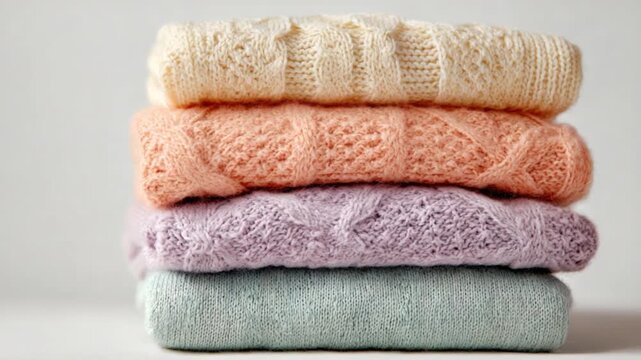 Cozy Stack of Sweaters: A close-up shot of neatly folded, textured sweaters in a stack, showcasing soft, inviting colors and cozy patterns. 