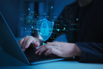 Cybersecurity shield lock secures data on laptop, real-time encryption firewall interface blocks...