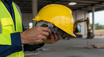Construction Worker in Safety Vest Holding Yellow Hard Hat at Industrial Building Site