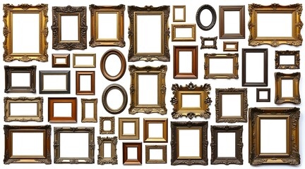 Assortment of ornate vintage picture frames in various sizes and colors antique