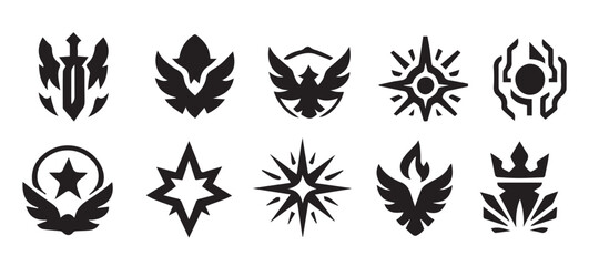 black vector badges set in silhouette style featuring futuristic tech, mystical forces, heroic emblems, mythic beasts, and celestial power, editable formats: ai, eps, jpg, png, 