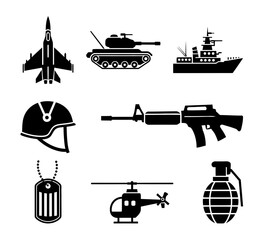 Collection of Military Icons Depicting Various War Machines and Equipment