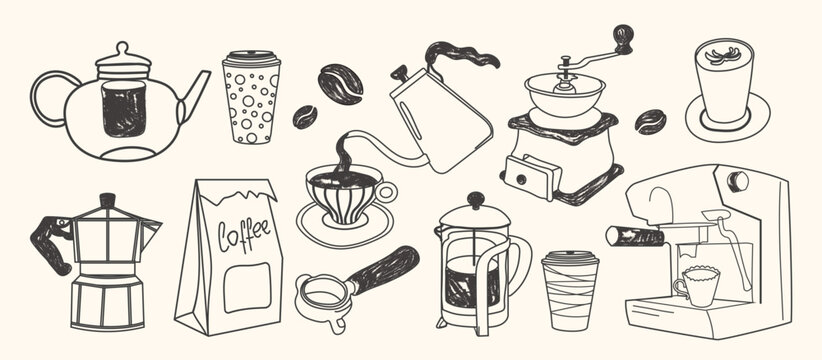 Handdrawn coffee illustrations in chalk and crayon style. Mi nimalist vector line art perfect for menus, invitations, packaging, and social media. Perfect for La Dolce Vita–themed designs.