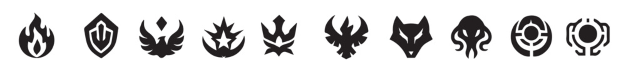 blacked vector badges set in silhouette style featuring futuristic tech, mystical forces, heroic emblems, mythic beasts, and celestial power, editable formats: ai, eps, jpg, png, 