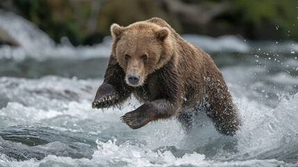 Brown bear catching salmon mid-jump in a rushing river