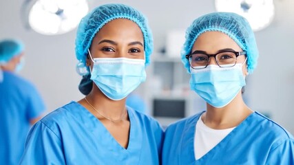 Two medical professionals in scrubs, smiling, wearing masks and caps