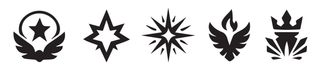 vector badges set in silhouette style featuring futuristic tech, mystical forces, heroic emblems, mythic beasts, and celestial power, editable formats: ai, eps, jpg, png, 