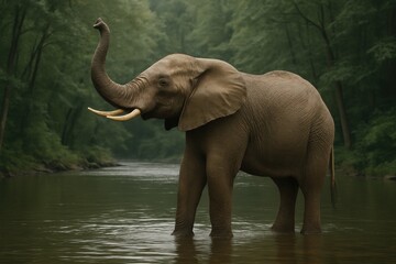 Obraz premium Majestic Elephant in River: An impressive elephant gracefully wades through the serene waters of a river, its trunk held high in a gesture of greeting and power.