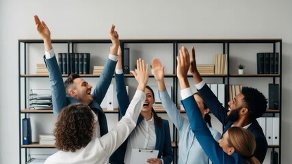A diverse group of professionals in business attire celebrating a successful project with high fives in a modern office setting surrounded by shelves filled with books and documents - Powered by Adobe