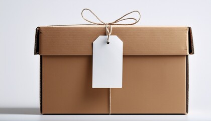 a simple brown cardboard box with a white tag tied with string on a white background studio shot