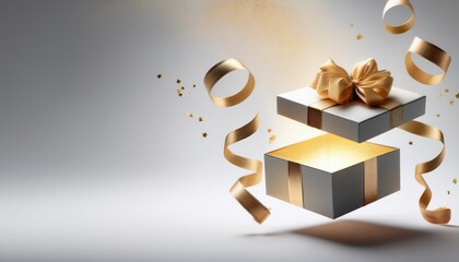 open gift box with golden ribbon and bow floating in the air on a plain light gray background scene
