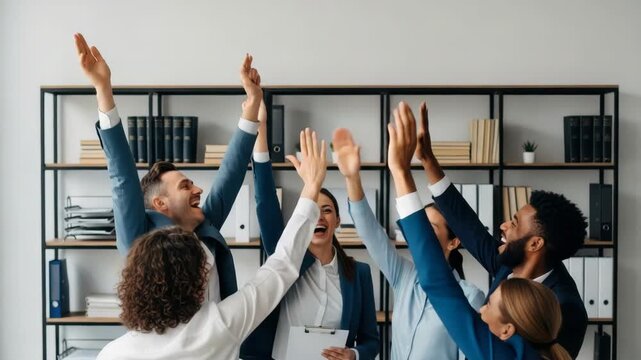 A diverse group of professionals in business attire celebrating a successful project with high fives in a modern office setting surrounded by shelves filled with books and documents - Powered by Adobe