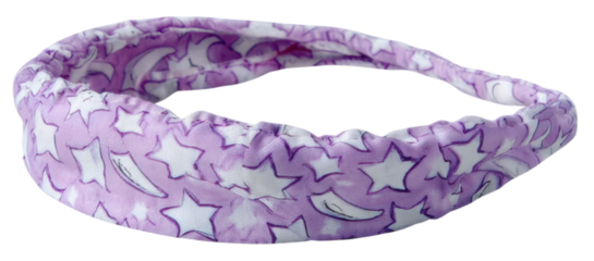 A purple headband adorned with star and moon patterns, showcasing a soft fabric design suitable for fashion accessories.