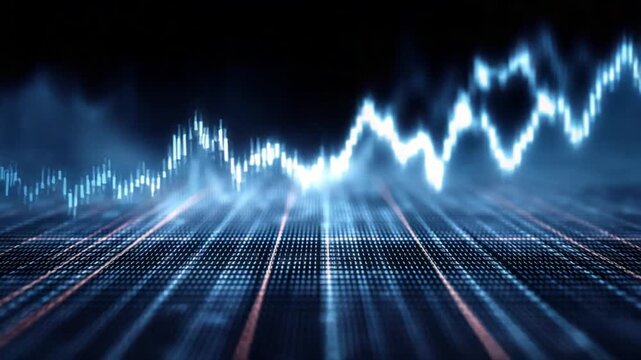 Dynamic Financial Landscape: A digitally rendered image illustrates a dynamic financial landscape. Highlighting the ebbs and flows of the market with illuminated lines and data representations.