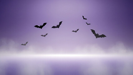 Fototapeta premium Halloween bats flying silhouette in purple sky spooky night background wallpaper vector art