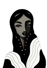 Stylized portrait of elegant fashion woman in black outfit with abstract white lines, minimal aesthetic, clean PNG illustration with transparent background, ideal for branding, editorial and print