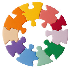 Obraz premium A circular arrangement of colorful puzzle pieces, each uniquely shaped and fitted together, showcasing a vibrant palette.