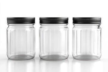 Three empty glass jars with black lids.