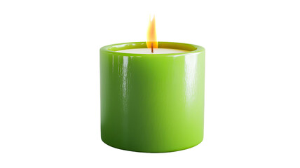 3D rendering of green burning wax candle with flame on white background