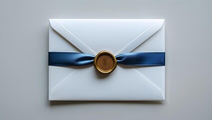A white envelope sealed with a wax stamp and tied with a dark blue satin ribbon 