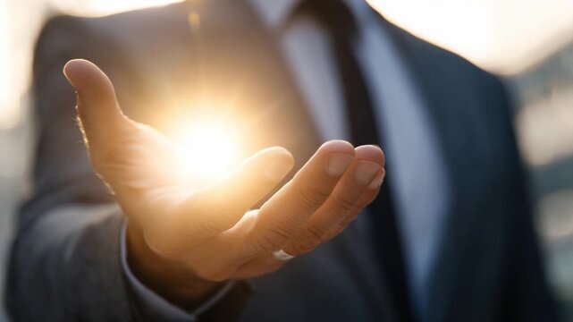 Reaching for the light: A person in a business suit extends an open hand toward a brilliant source of light, symbolizing opportunity, vision, or a guiding force.