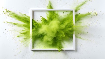 Explosion of green powder inside a white square frame on a clean white background surface studio shot