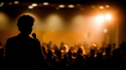 Presenter on stage with spotlight and out-of-focus crowd, symbolizing business leadership and audience engagement.