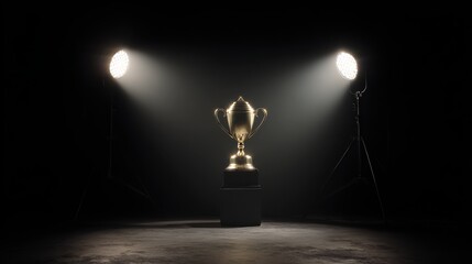 Shiny golden trophy on stand with dark background, ideal for sports awards, corporate achievements, or recognition events.