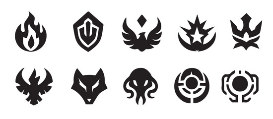 Black Vector Badges Set in Silhouette Style Featuring Futuristic Tech, Mystical Forces, Heroic Emblems, Mythic Beasts, and Celestial Power, Editable Formats: AI, EPS, JPG, PNG, 