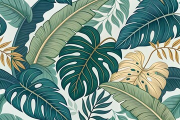 Vibrant tropical foliage pattern featuring large green and golden monstera and banana leaves