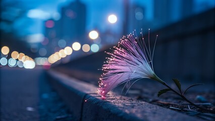A glowing flower on a ledge with blurred city lights in the background during the evening time