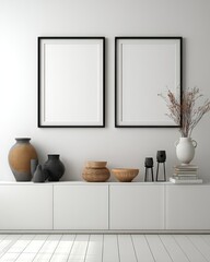 Two framed prints on a white cabinet, adorned with pottery and decor