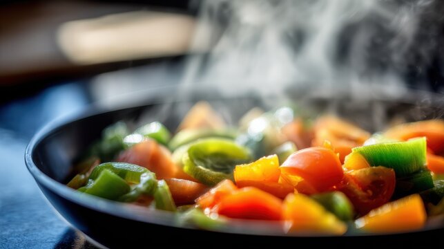 Vibrant veggies cooking in skillet with steam and rustic setting, ideal for culinary content, recipe visuals, or healthy lifestyle campaigns.