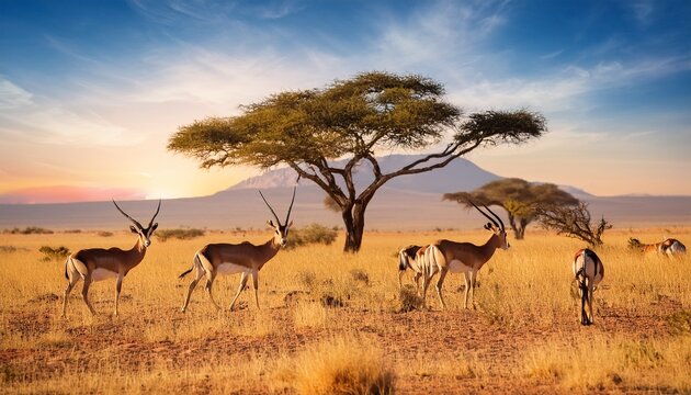 antelopes grazing on savanna with acacia tree