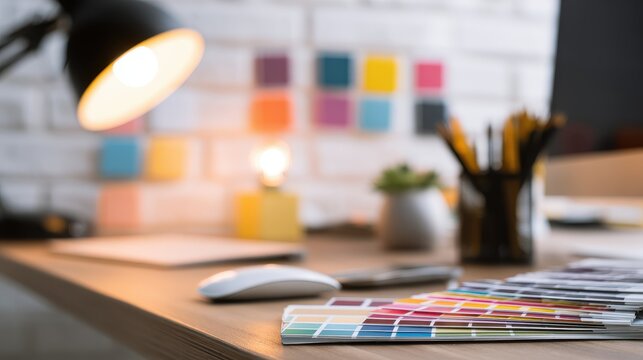 Artistic workspace with color samples and design instruments, symbolizing creativity, perfect for graphic design promotions, studio visuals, or creative campaigns. - Powered by Adobe
