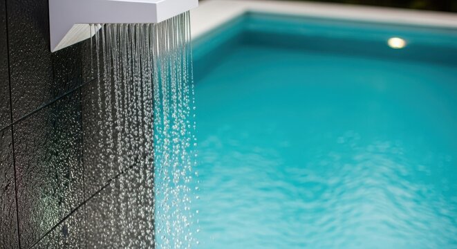 Modern swimming pool with a water feature cascading into the clear blue water